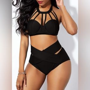 Black High Waist Cage Neck Cross Front Bikini Set <3